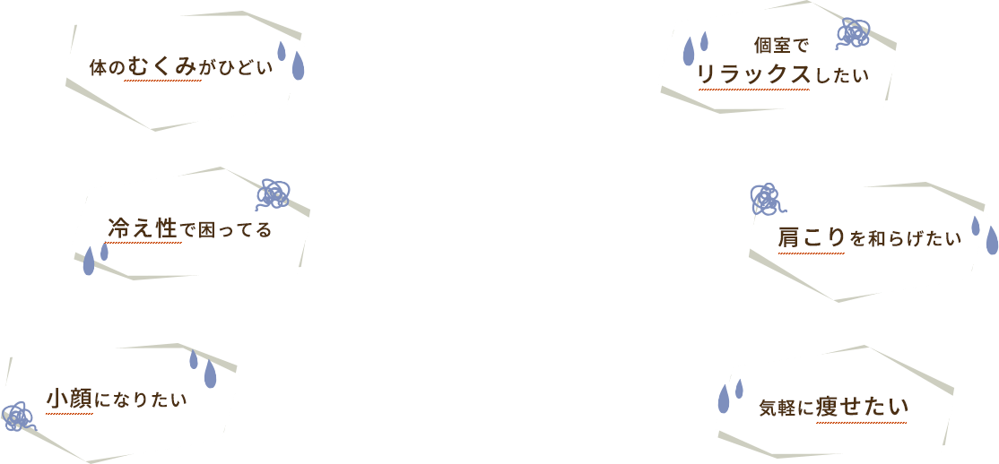 体のむくみがひどい・冷え性で困っている・小顔になりたい・個室でリラックスしたい・肩こりをやわらげたい・気軽に痩せたい